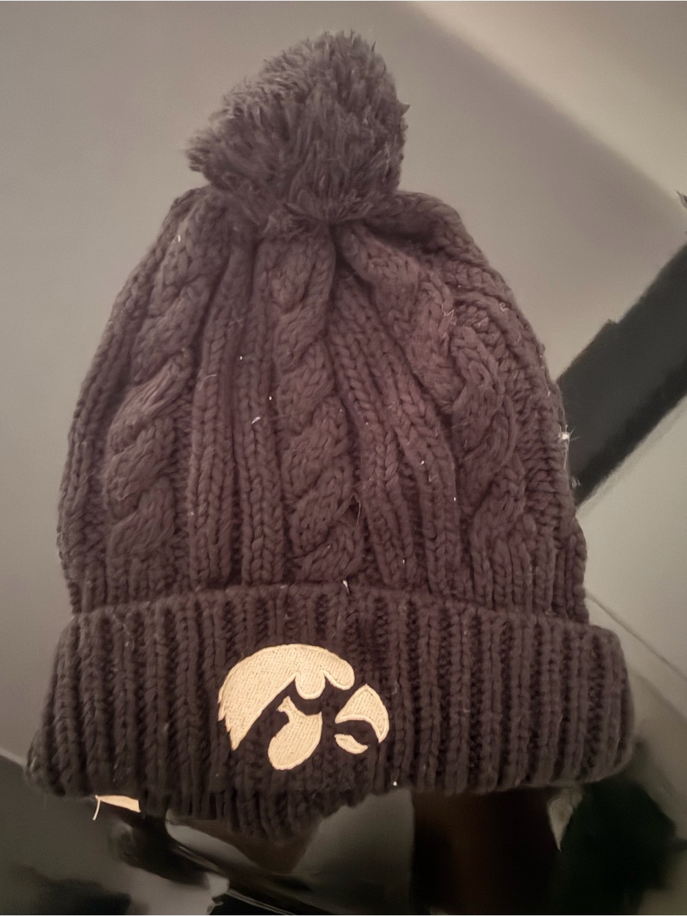 Black Cable-Knit Pom Beanie with Embroidered Logo